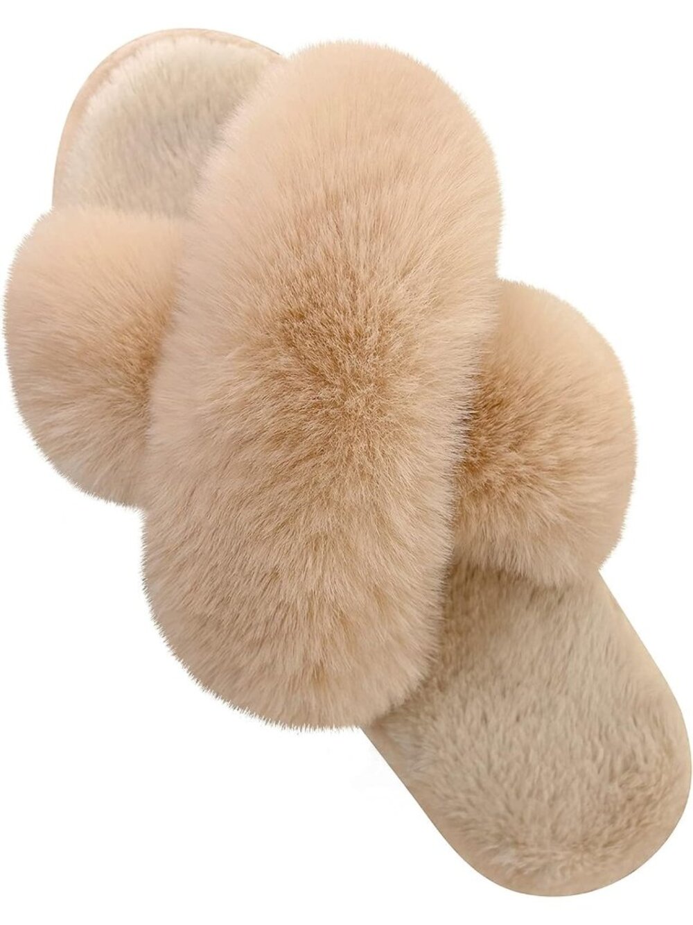 Women's Camel Fuzzy Cross Band Slippers Memory Foam House Shoes Slip On